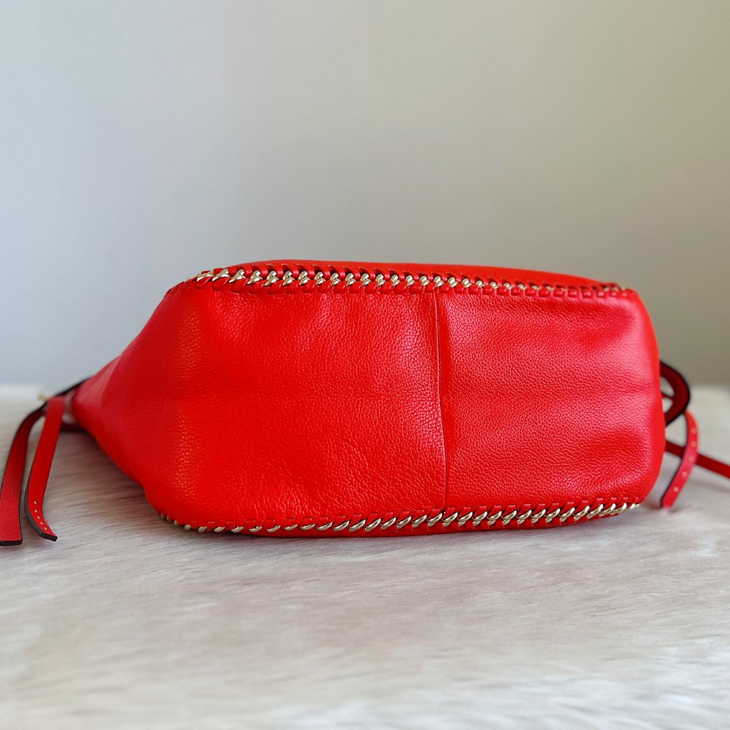 Coach Orange Red Leather Drawstring Pleated Chain Edge Detail Shoulder Bag