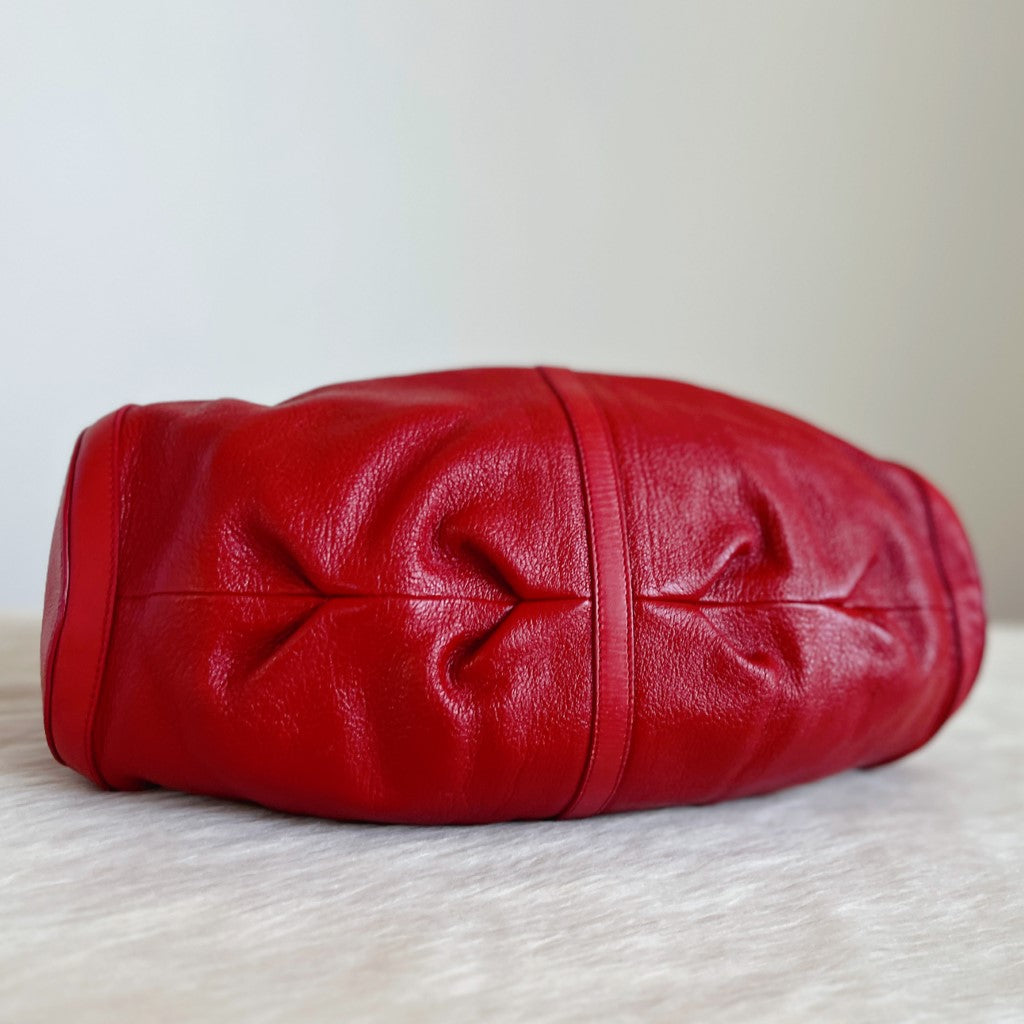 Bvlgari Red Leather Front Double Ring Detail Shoulder Bag