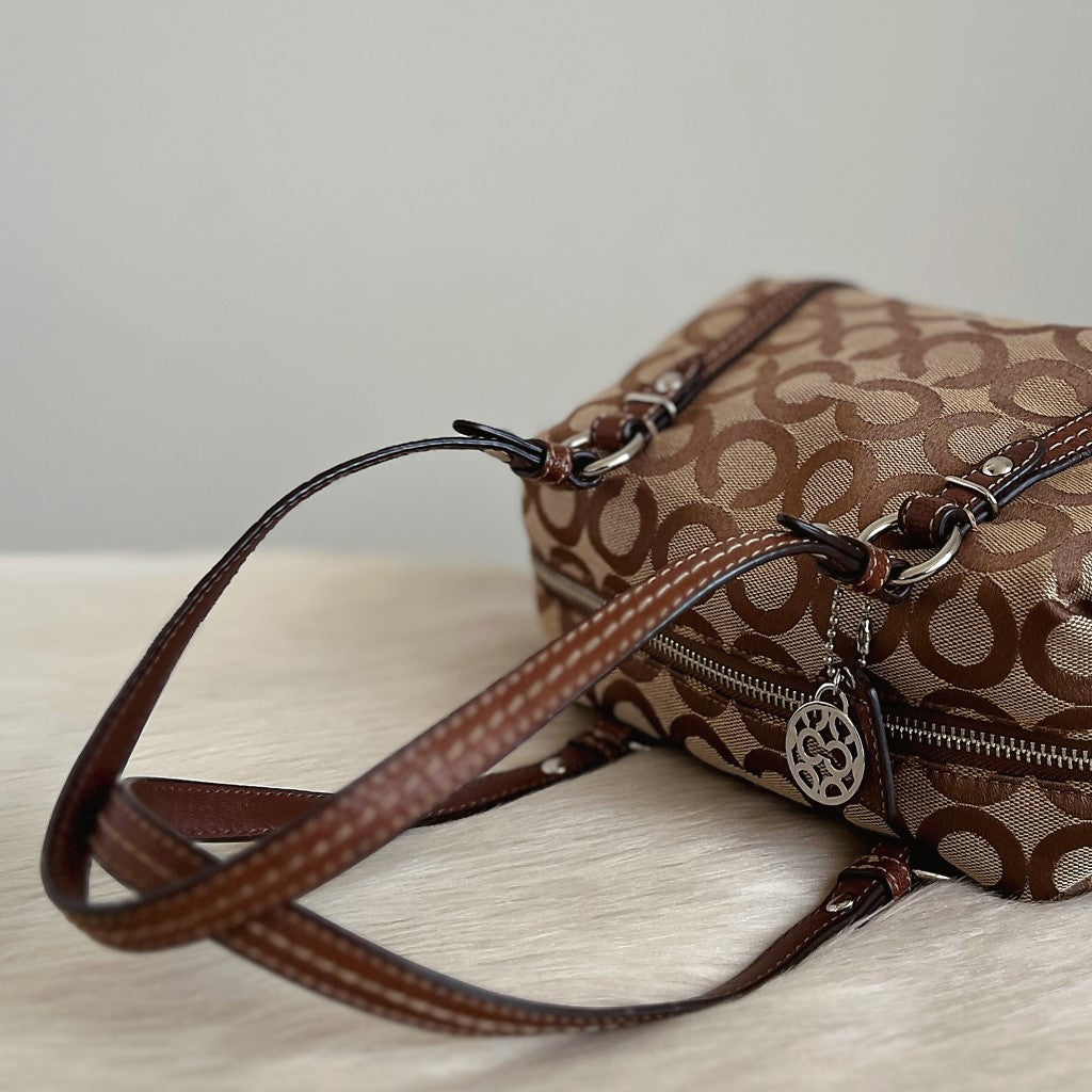 Coach Brown Leather Monogram Small Boston Shoulder Bag Excellent