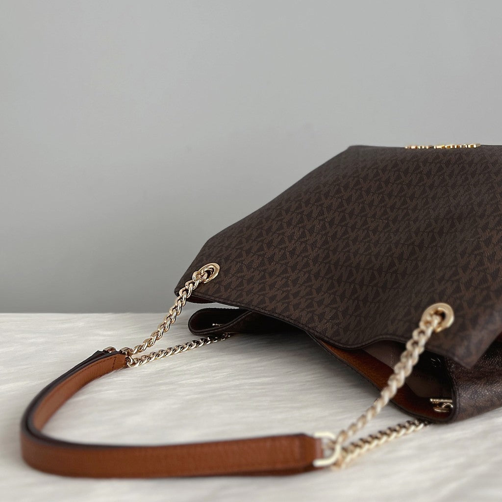 Michael Kors Caramel Leather Monogram Triple Compartment Shoulder Bag Like New