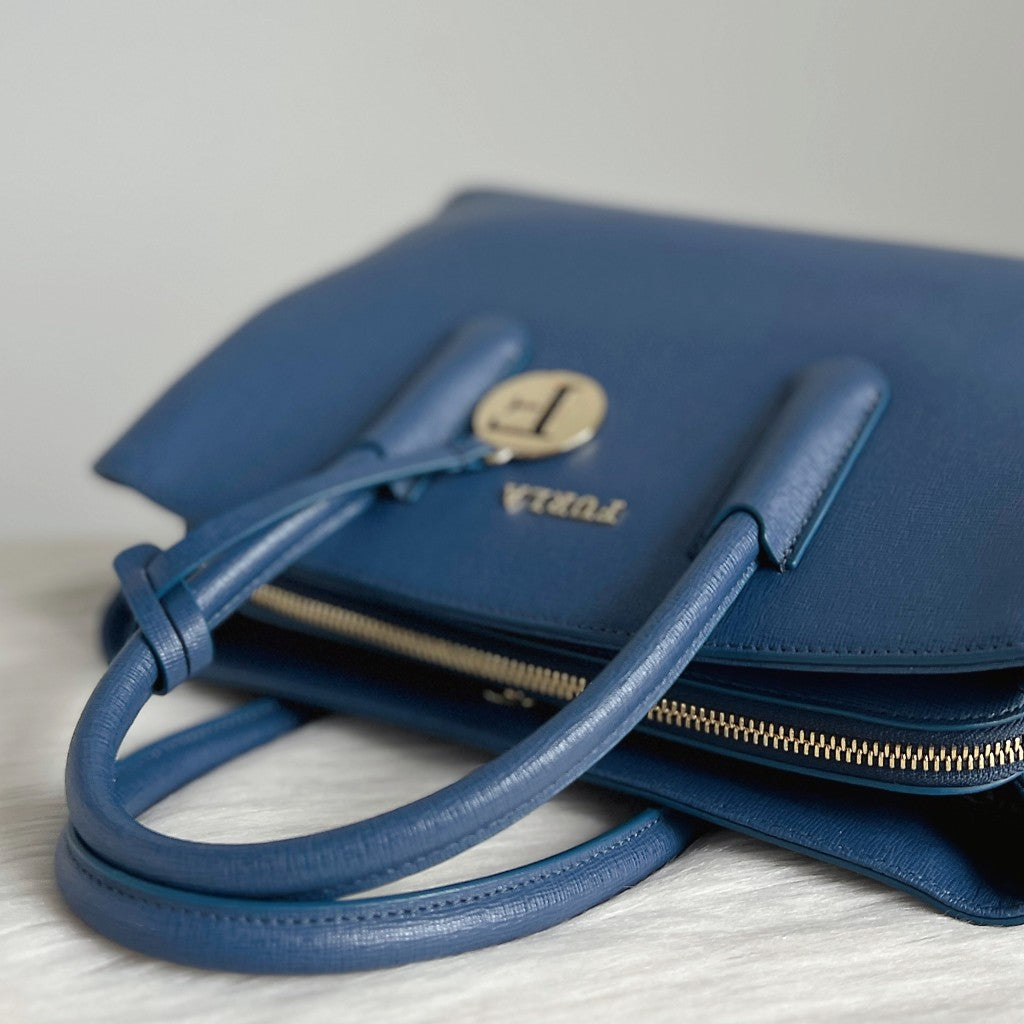 Furla Blue Leather Triple Compartment Career 2 Way Shoulder Bag Like New