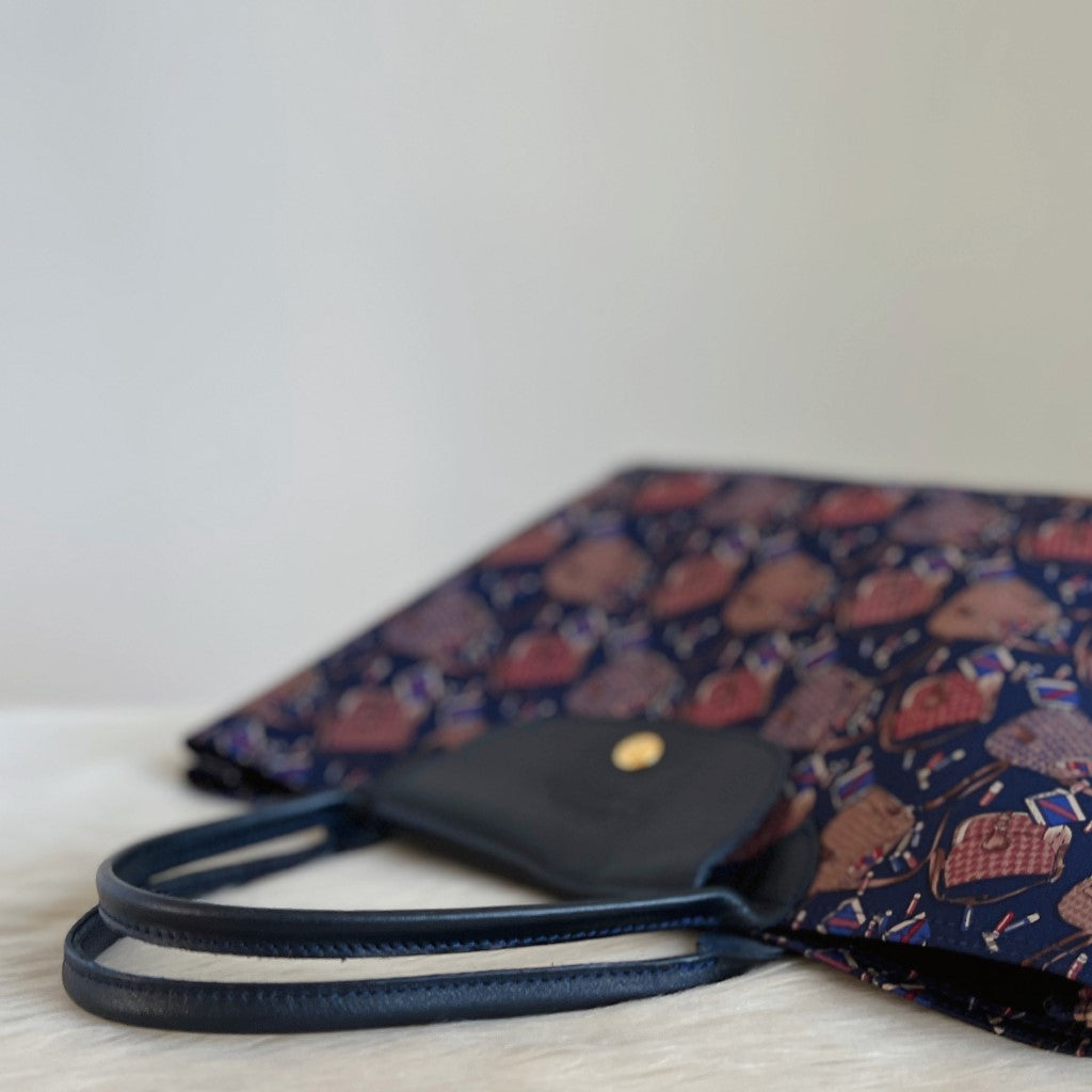 Longchamp Navy Leather Patterned Signature Tote Bag