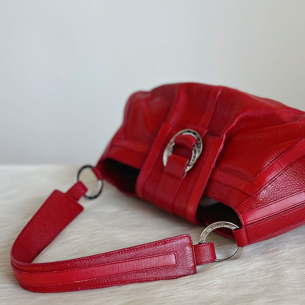 Bvlgari Red Leather Front Double Ring Detail Shoulder Bag