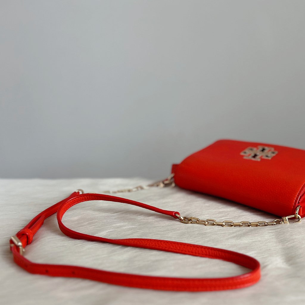 Tory Burch Orange Red Leather Front Logo Crossbody Shoulder Bag