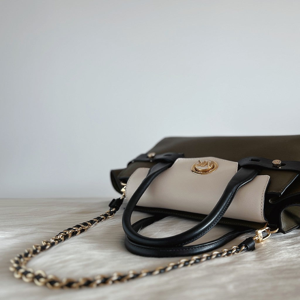 Michael Kors Tri-Tone Leather Front Logo Chain 2 Way Shoulder Bag Like New