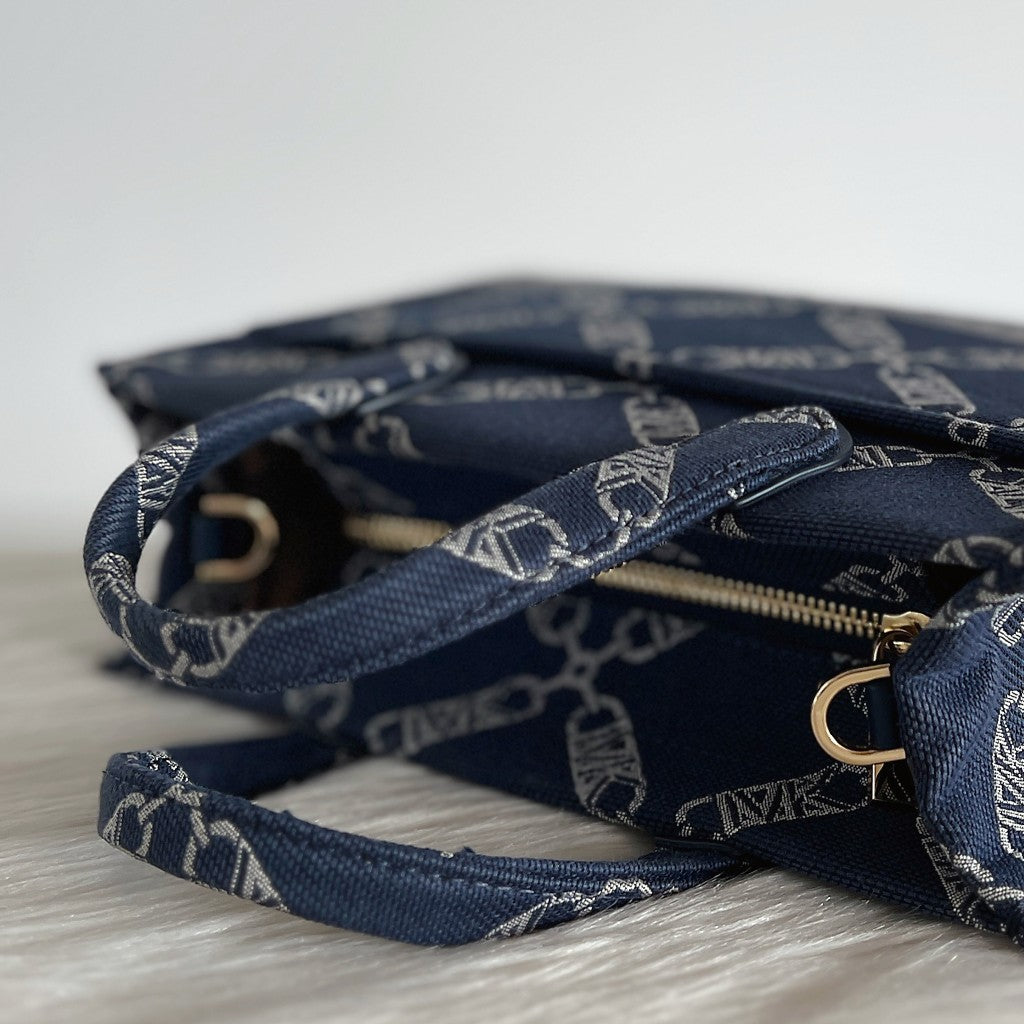 Michael Kors Navy Denim MK Pattern Book Tote 2 Way Shoulder Bag Like New