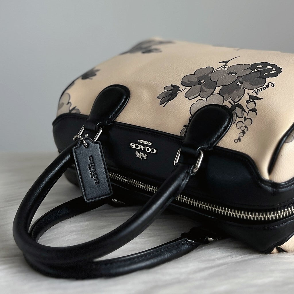 Coach Black Leather Front Logo Floral Boston 2 Way Shoulder Bag Like New