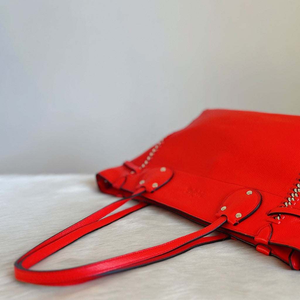 Coach Orange Red Leather Drawstring Pleated Chain Edge Detail Shoulder Bag