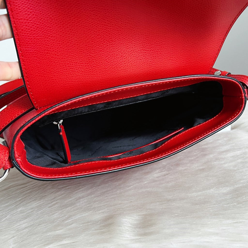 Calvin Klein Orange Red Leather Buckle Detail 2 Way Shoulder Bag Backpack Like New