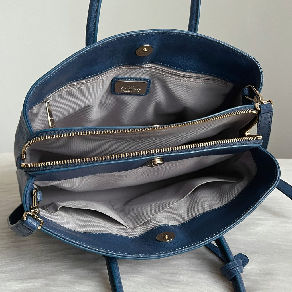 Furla Blue Leather Triple Compartment Career 2 Way Shoulder Bag Like New