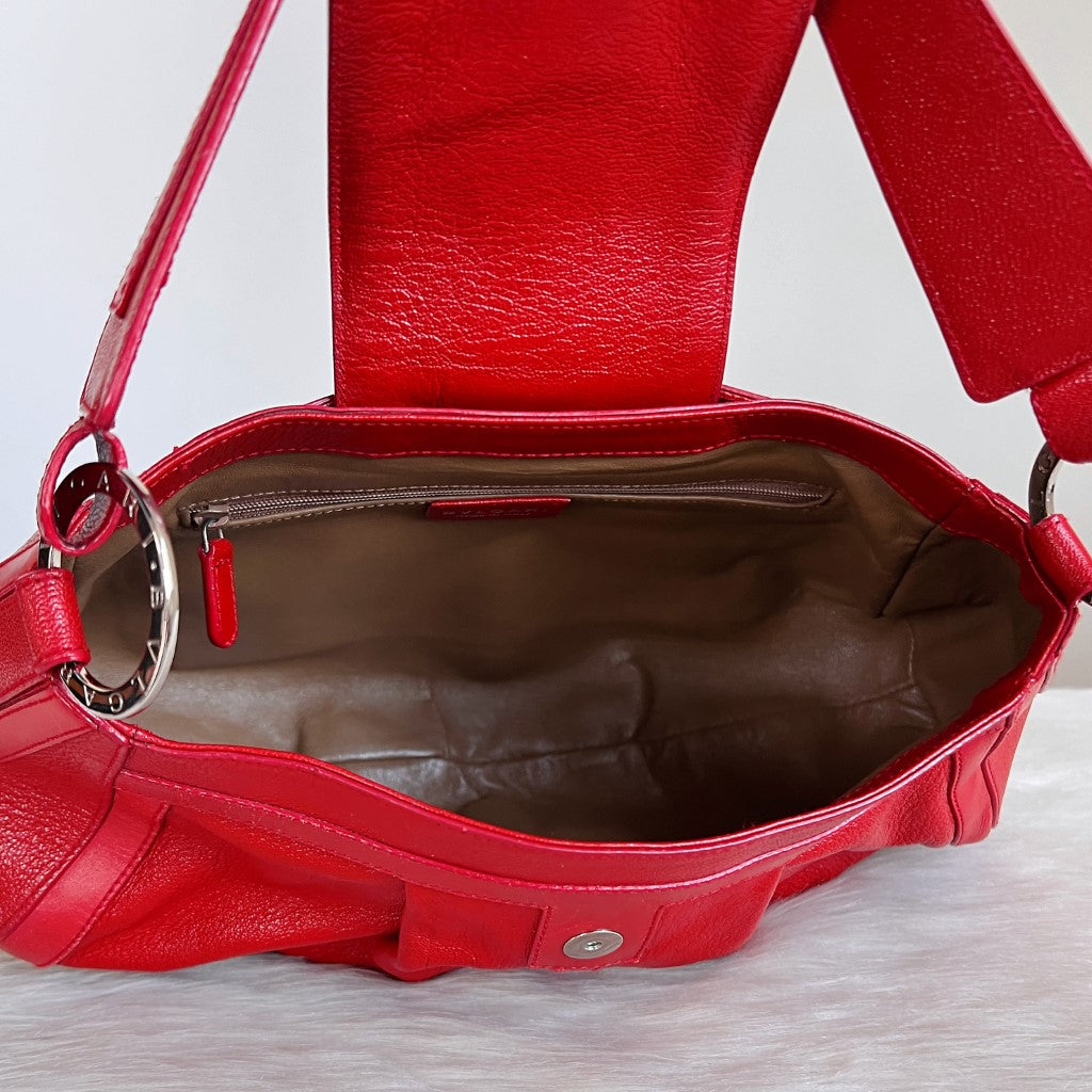 Bvlgari Red Leather Front Double Ring Detail Shoulder Bag