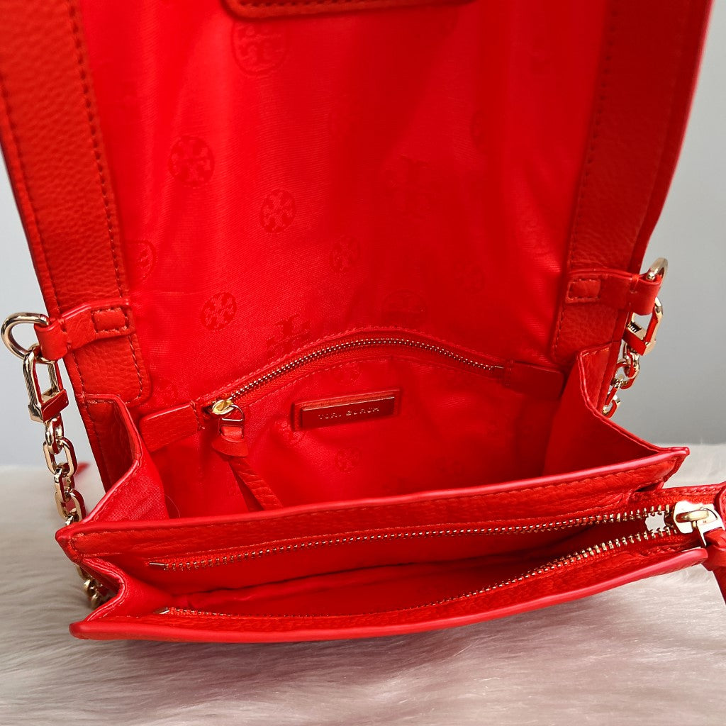 Tory Burch Orange Red Leather Front Logo Crossbody Shoulder Bag