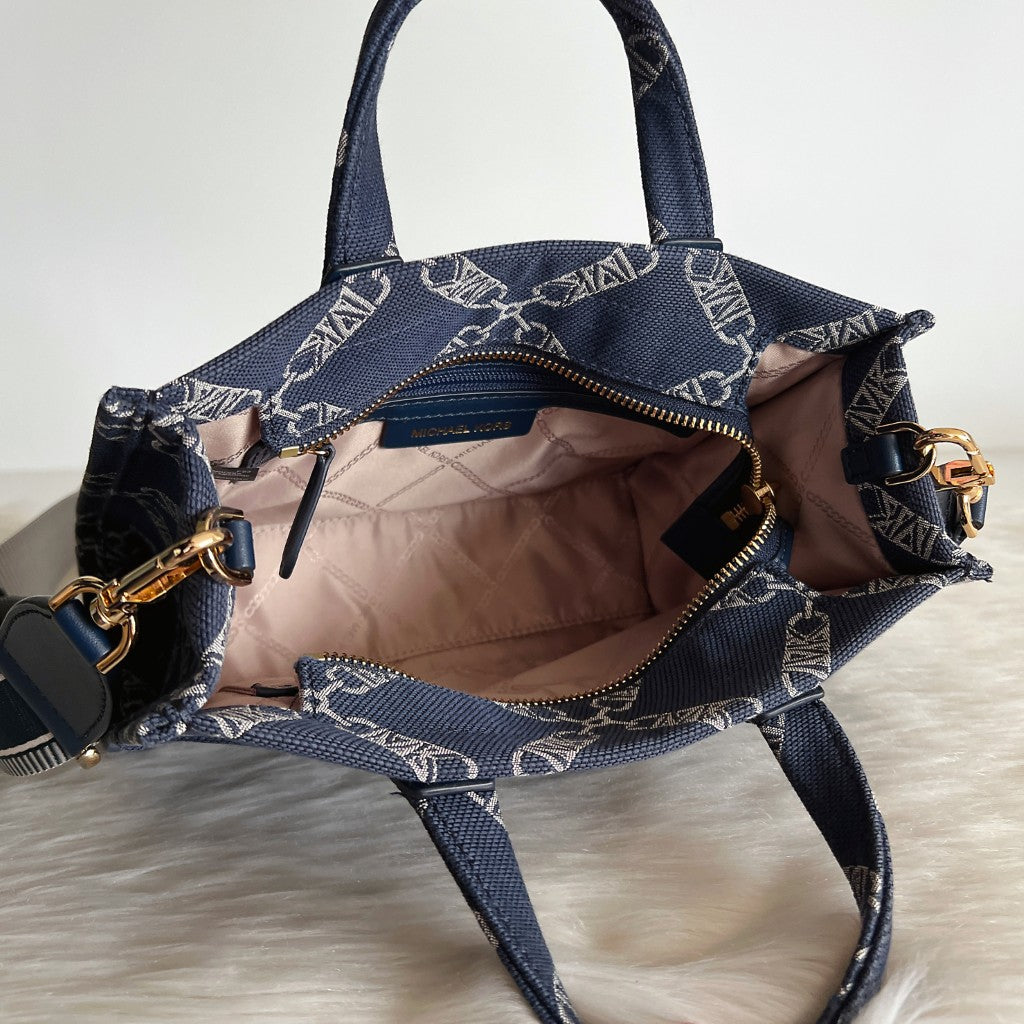 Michael Kors Navy Denim MK Pattern Book Tote 2 Way Shoulder Bag Like New