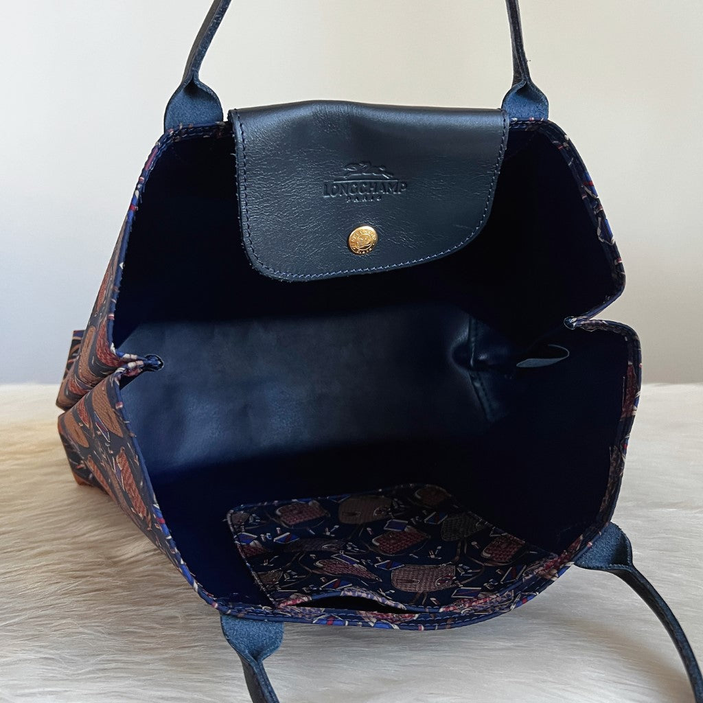 Longchamp Navy Leather Patterned Signature Tote Bag