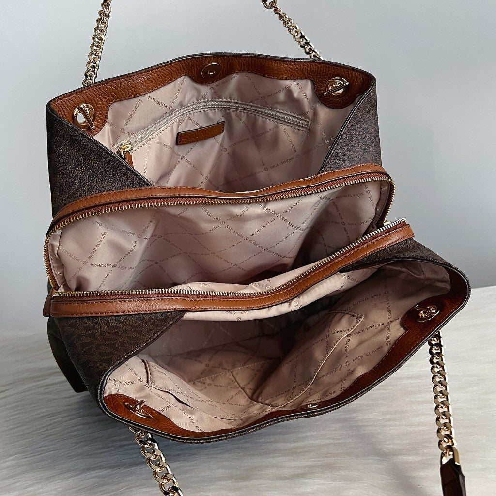 Michael Kors Caramel Leather Monogram Triple Compartment Shoulder Bag Like New
