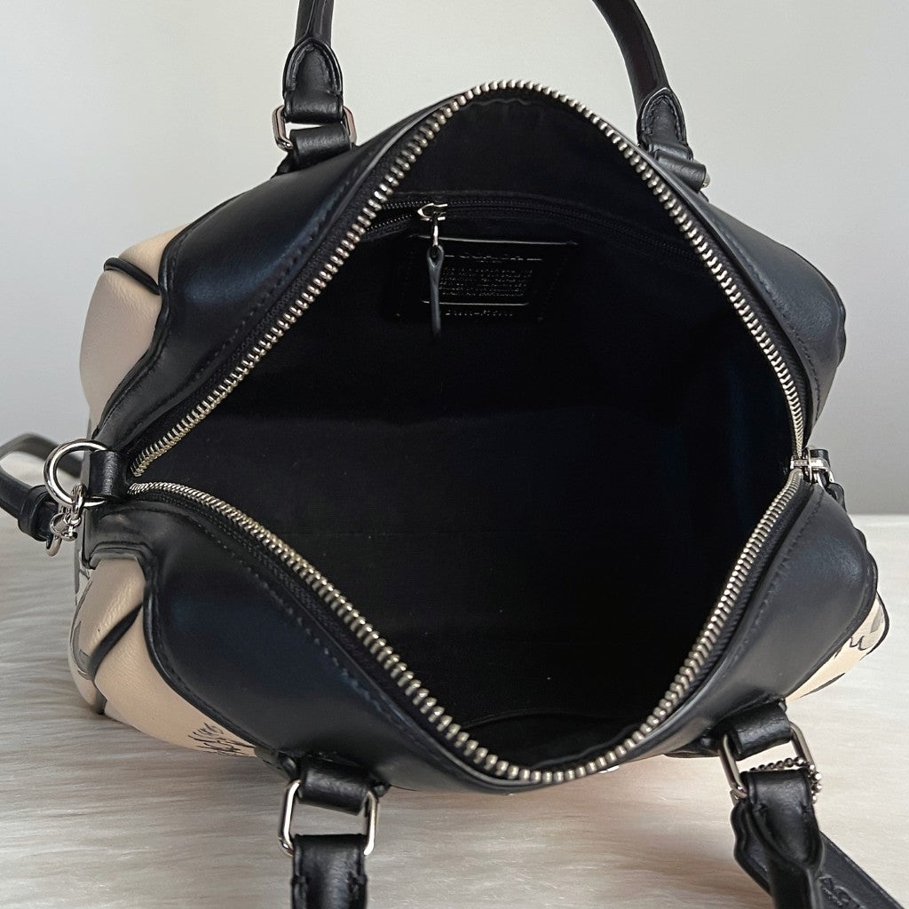 Coach Black Leather Front Logo Floral Boston 2 Way Shoulder Bag Like New