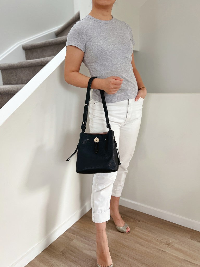 Kate Spade Black Leather Triple Compartment Bucket Shoulder Bag Excellent