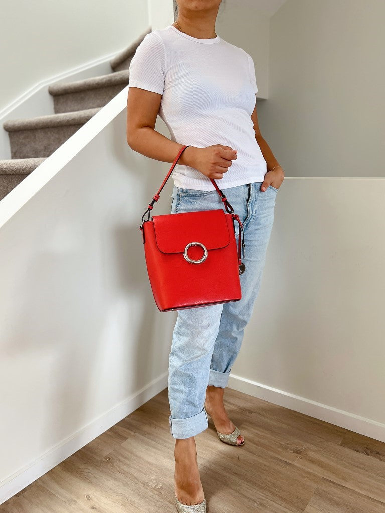 Calvin Klein Orange Red Leather Buckle Detail 2 Way Shoulder Bag Backpack Like New