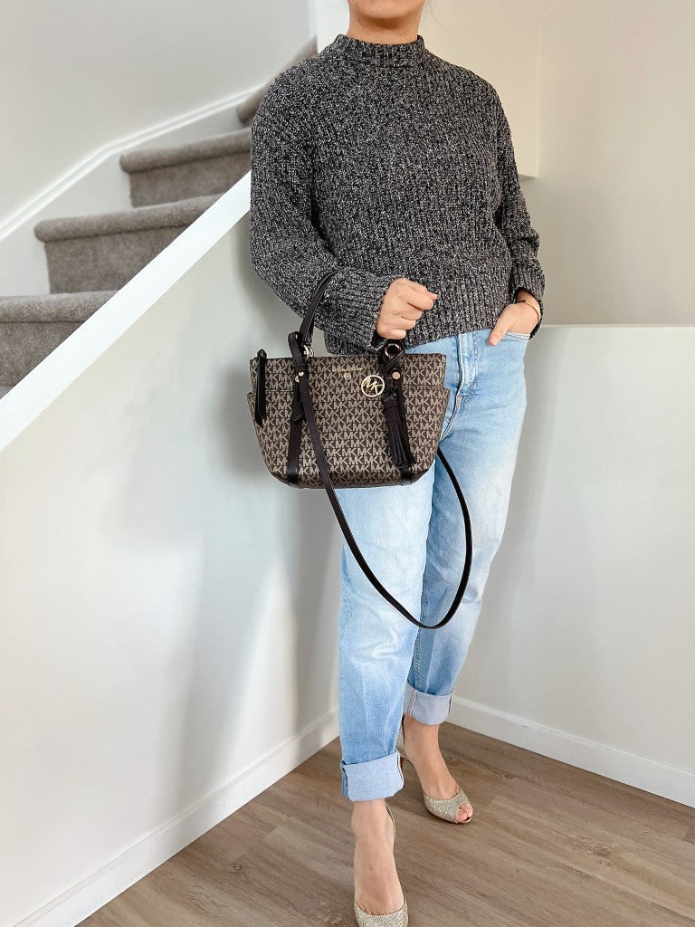 Michael Kors Dark Chocolate Leather Monogram Front Logo 2 Way Shoulder Bag Like New