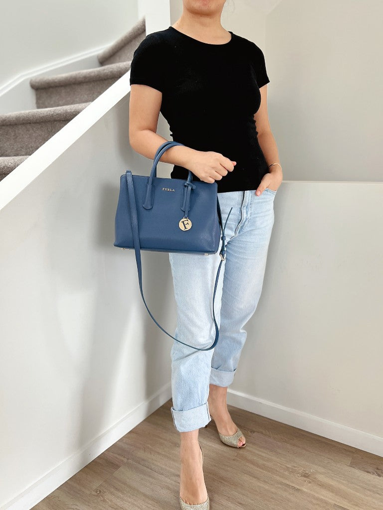 Furla Blue Leather Triple Compartment Career 2 Way Shoulder Bag Like New