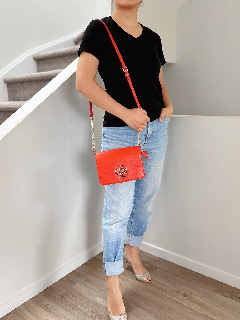 Tory Burch Orange Red Leather Front Logo Crossbody Shoulder Bag