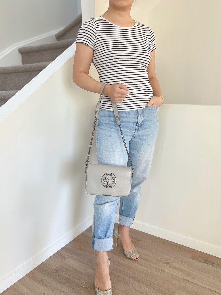 Tory Burch Grey Leather Front Logo Chain Strap Shoulder Bag Like New