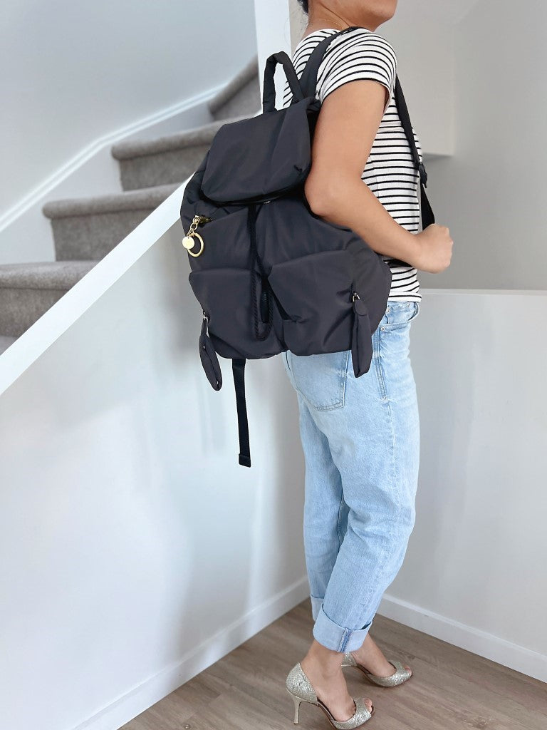 See by Chloe Dark Grey Drawstring Multi Pocket Backpack Like New