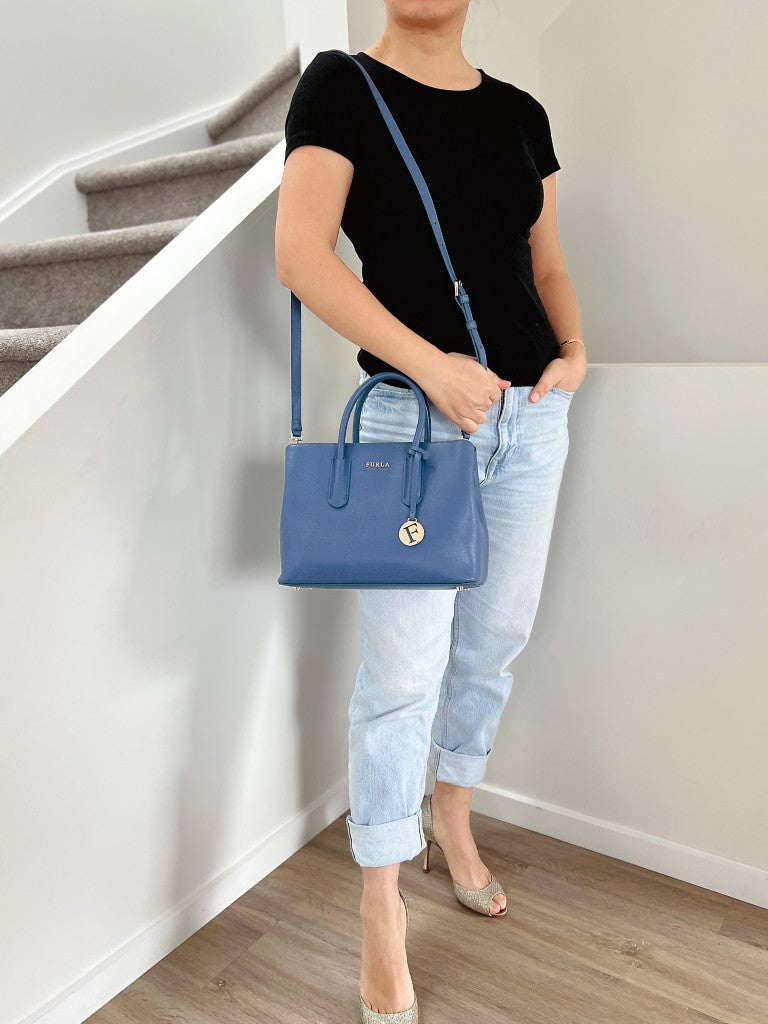 Furla Blue Leather Triple Compartment Career 2 Way Shoulder Bag Like New