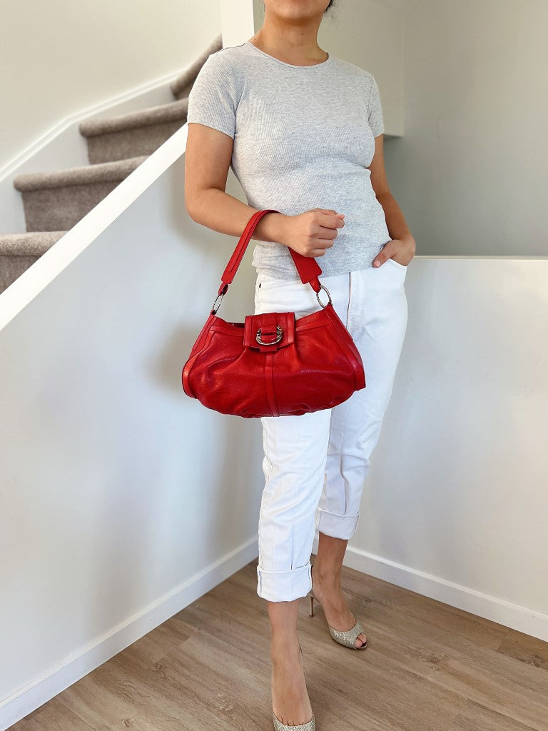Bvlgari Red Leather Front Double Ring Detail Shoulder Bag