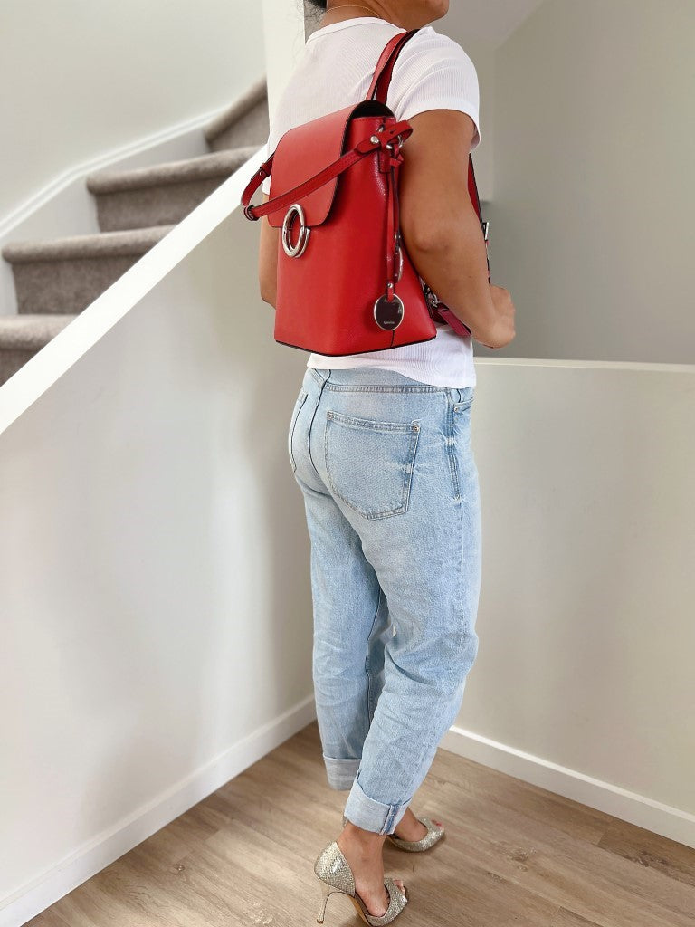 Calvin Klein Orange Red Leather Buckle Detail 2 Way Shoulder Bag Backpack Like New