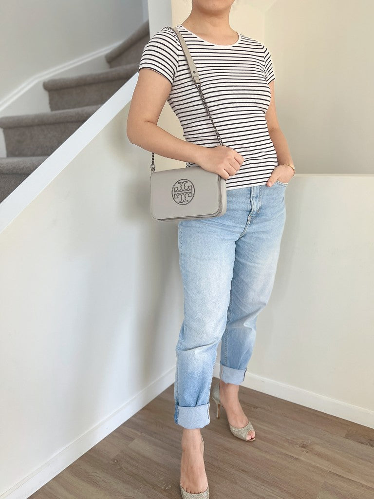 Tory Burch Grey Leather Front Logo Chain Strap Shoulder Bag Like New