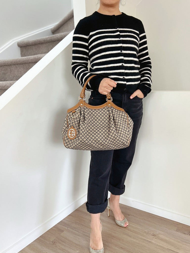 Gucci Signature Double G Caramel Leather Trim Shoulder Bag Excellent