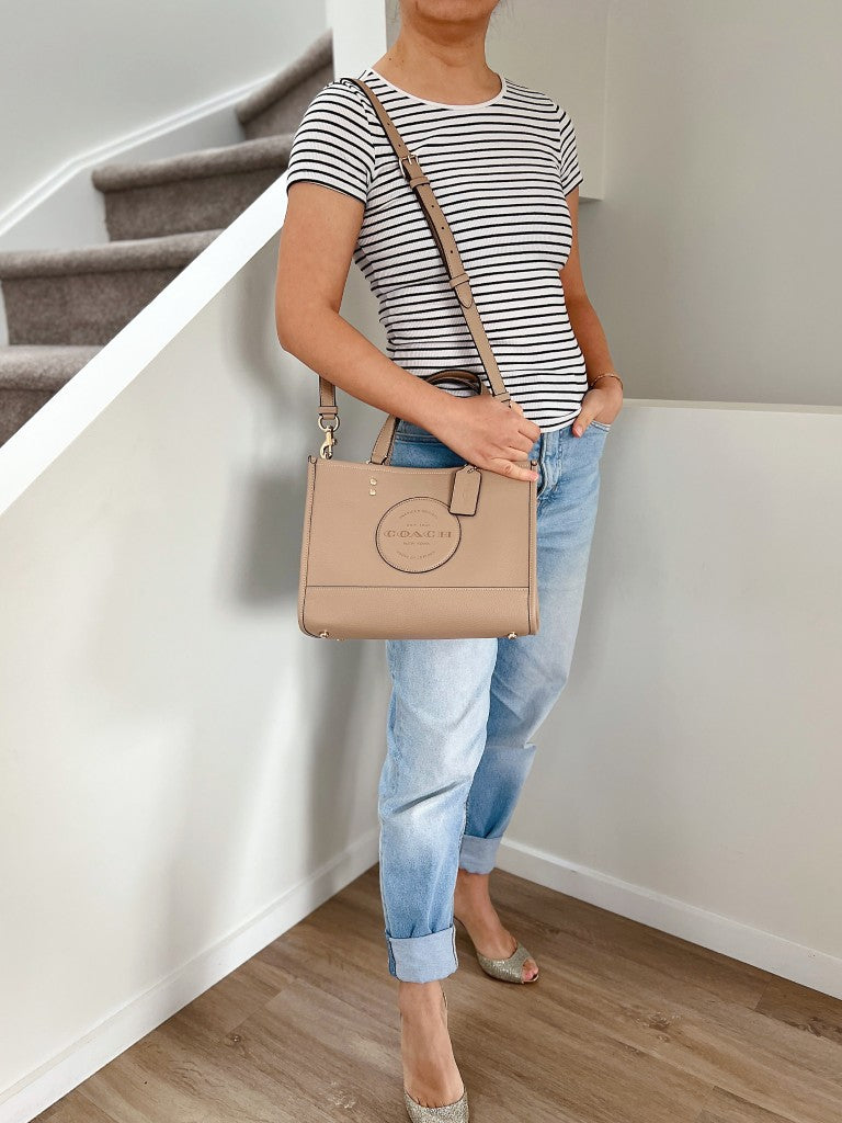 Coach Mocha Leather Front Detail Book Tote 2 Way Shoulder Bag Like New