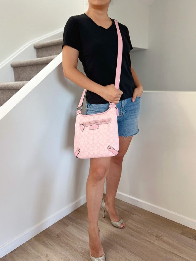 Coach Pink Leather Monogram Front Detail Crossbody Shoulder Bag