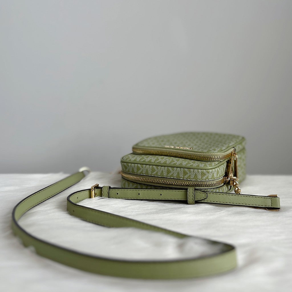 Michael Kors Green Leather Monogram Camera Crossbody Shoulder Bag Like New