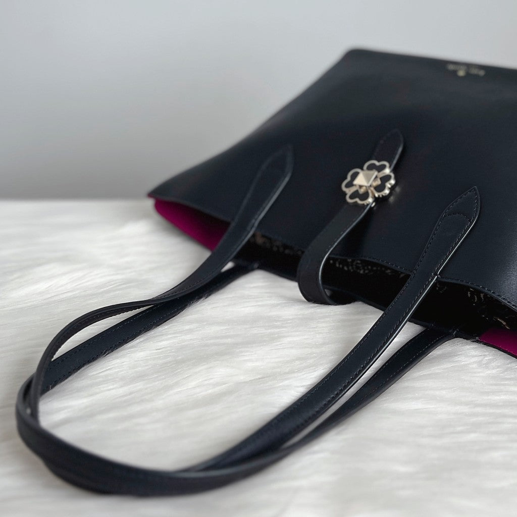 Kate Spade Black Leather Front Flower Turn Lock Shopper Shoulder Bag Like New