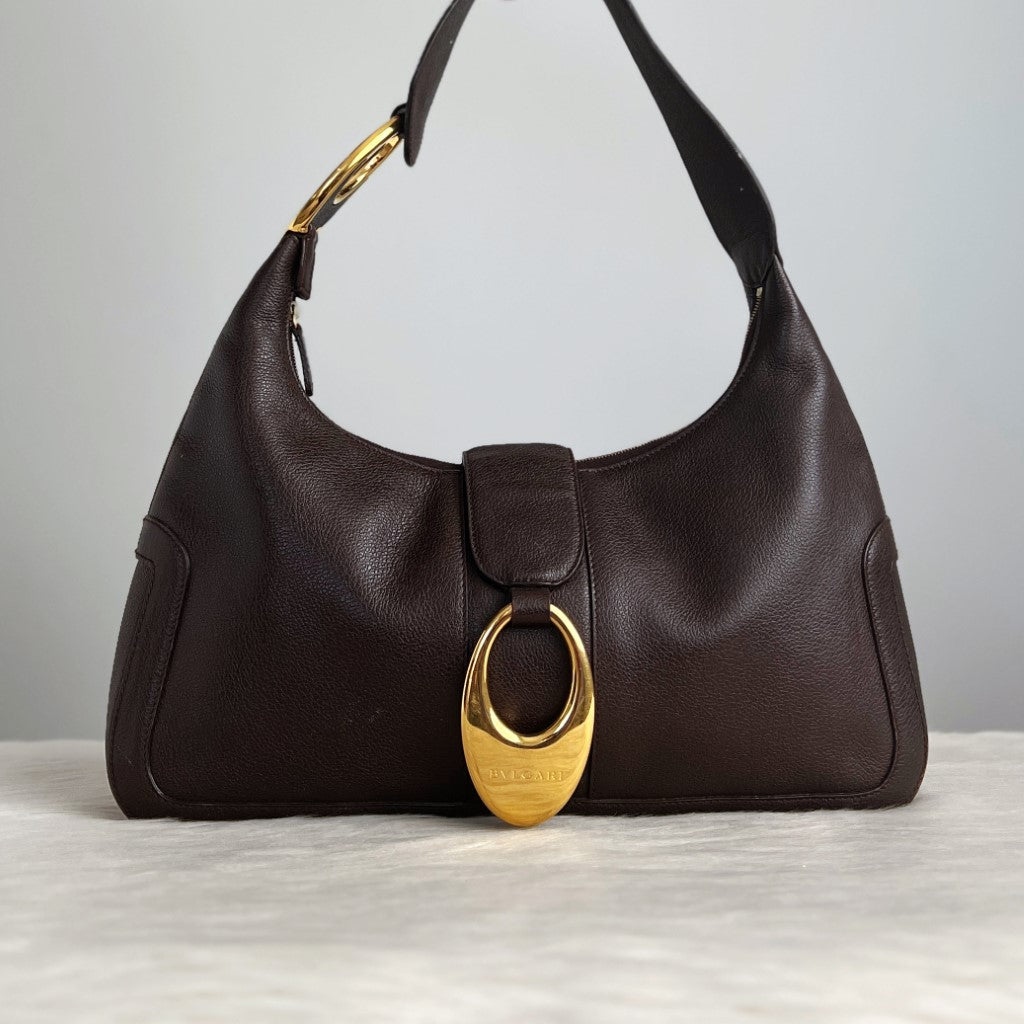 Bvlgari Chocolate Leather Front Ring Classic Shoulder Bag