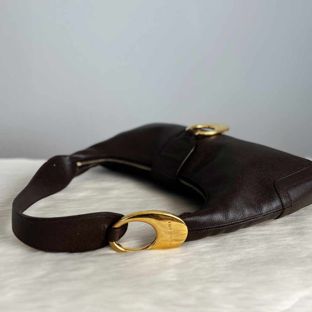 Bvlgari Chocolate Leather Front Ring Classic Shoulder Bag