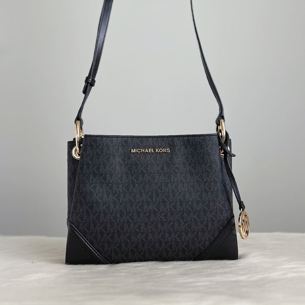 Michael Kors Black Monogram Triple Compartment Crossbody Shoulder Bag