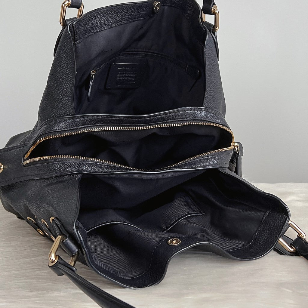 Coach Black Leather Studded Triple Compartments Shoulder Bag Like New