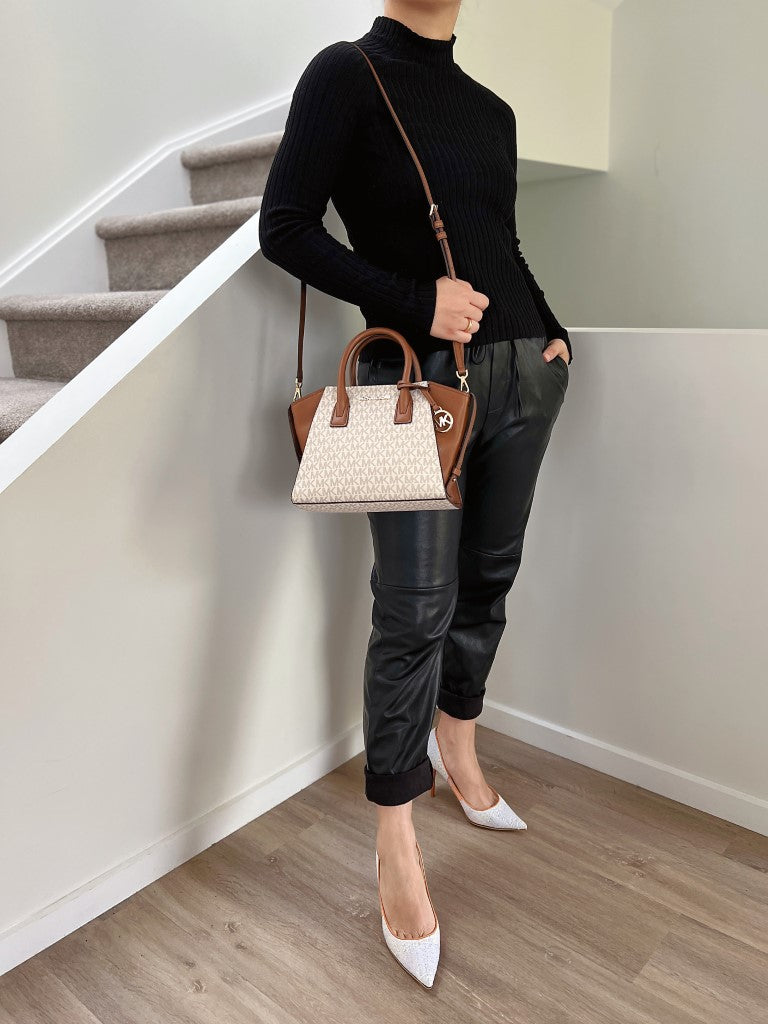 Michael Kors Caramel Leather MK Monogram 2 Way Shoulder Bag Like New