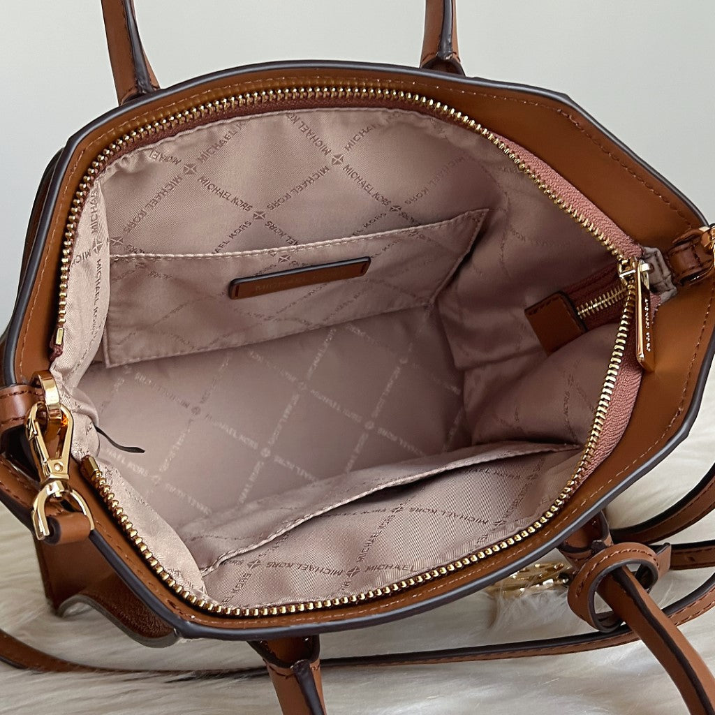 Michael Kors Caramel Leather MK Monogram 2 Way Shoulder Bag Like New