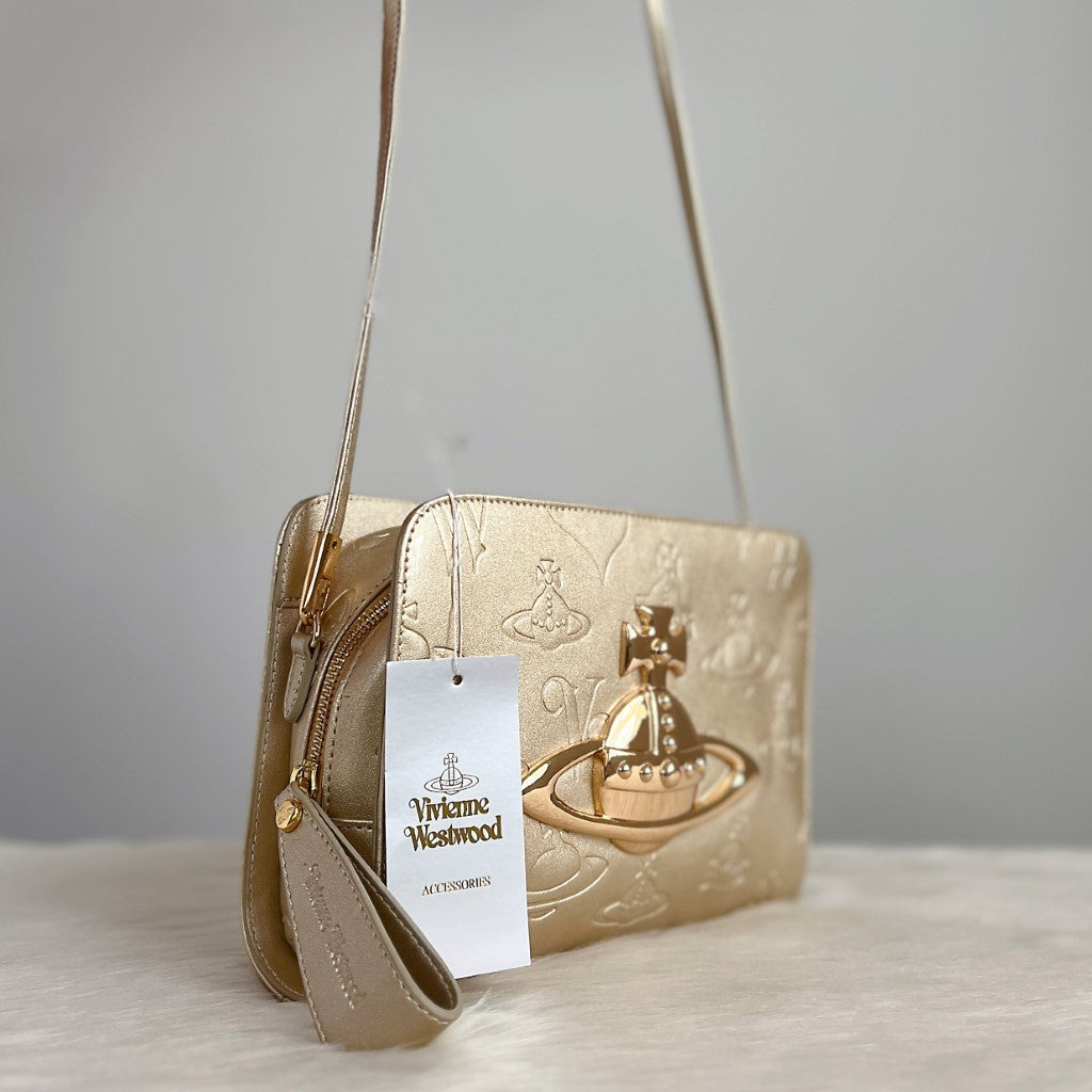 Vivienne Westwood Gold Patent Leather Box Shoulder Bag New with Tags