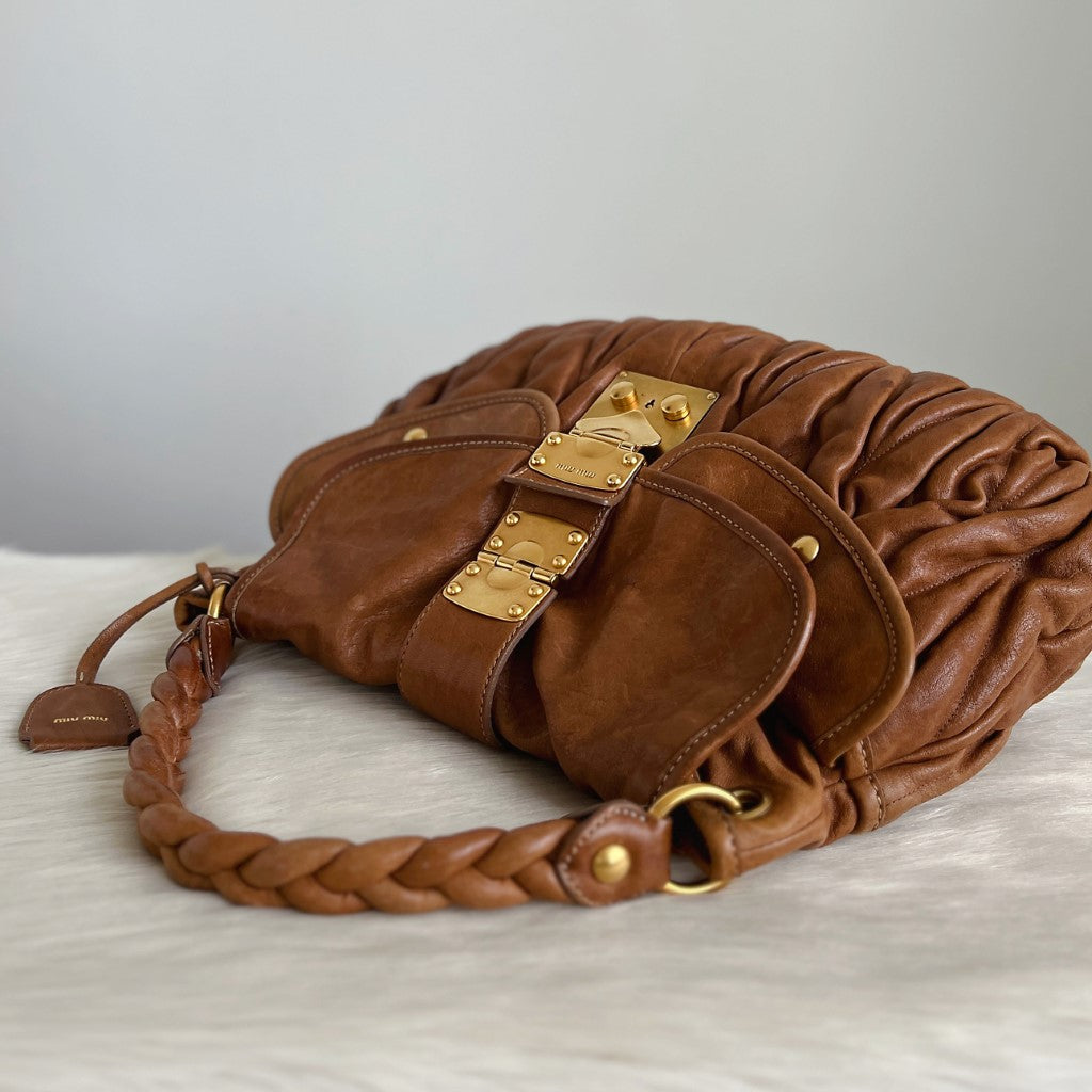 Miu Miu Caramel Leather Nappa Buckle 2 Way Shoulder Bag