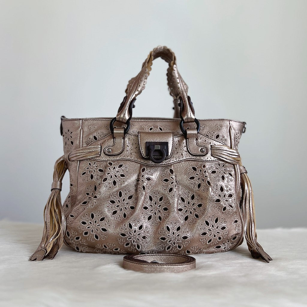 Salvatore Ferragamo Champagne Leather Floral Detail 2 Way Shoulder Bag Excellent
