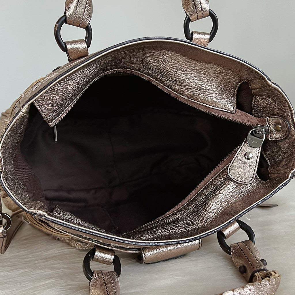 Salvatore Ferragamo Champagne Leather Floral Detail 2 Way Shoulder Bag Excellent