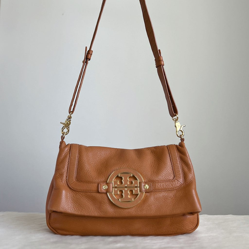 Tory Burch Caramel Leather Front Logo Crossbody Shoulder Bag