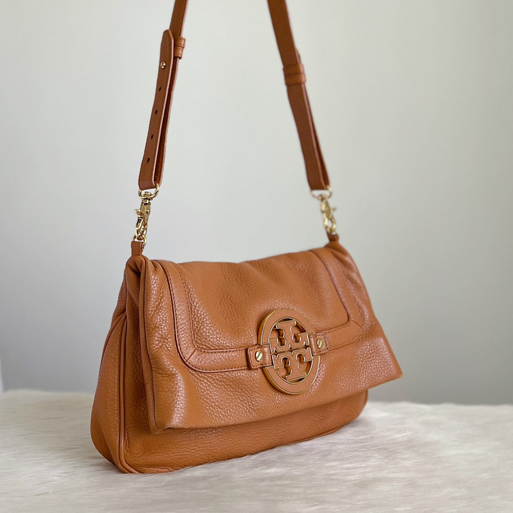 Tory Burch Caramel Leather Front Logo Crossbody Shoulder Bag