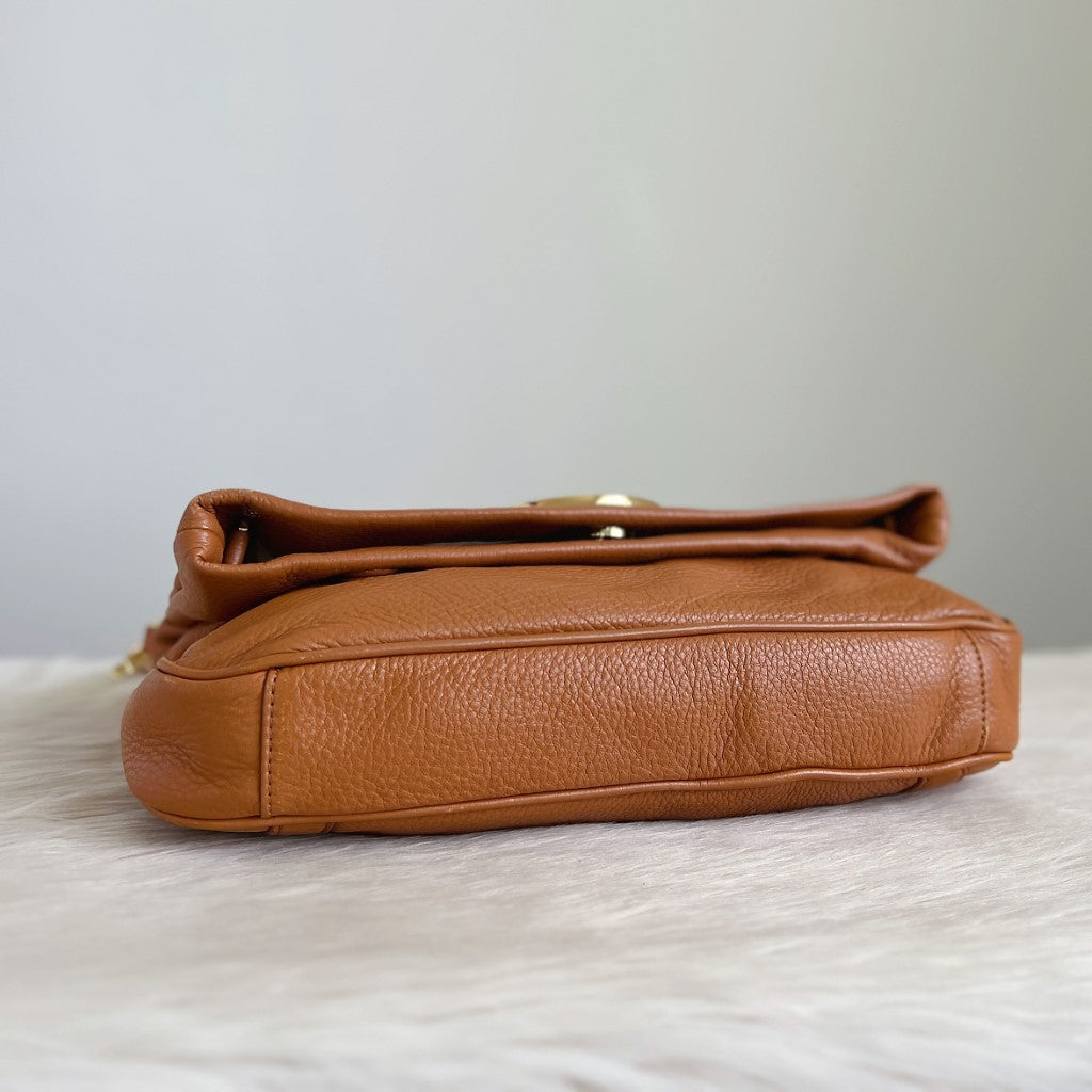 Tory Burch Caramel Leather Front Logo Crossbody Shoulder Bag