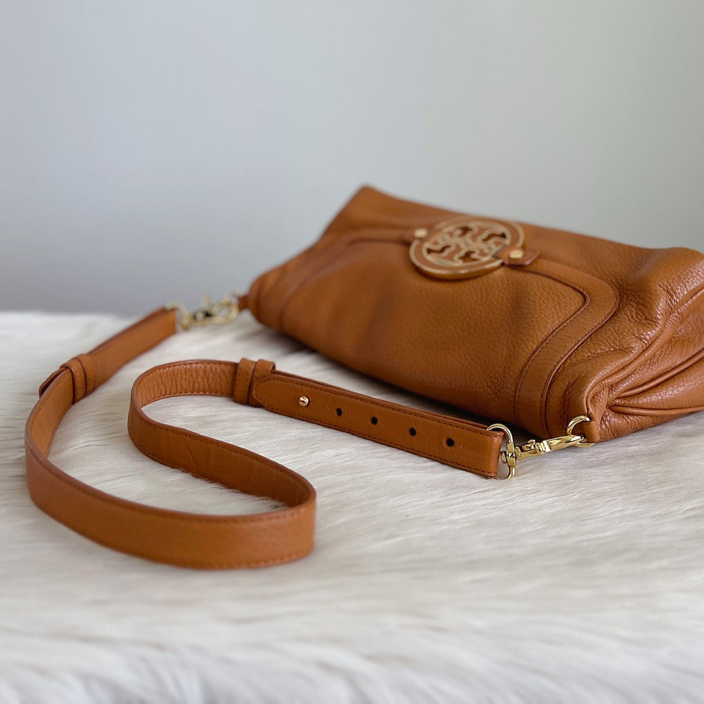Tory Burch Caramel Leather Front Logo Crossbody Shoulder Bag